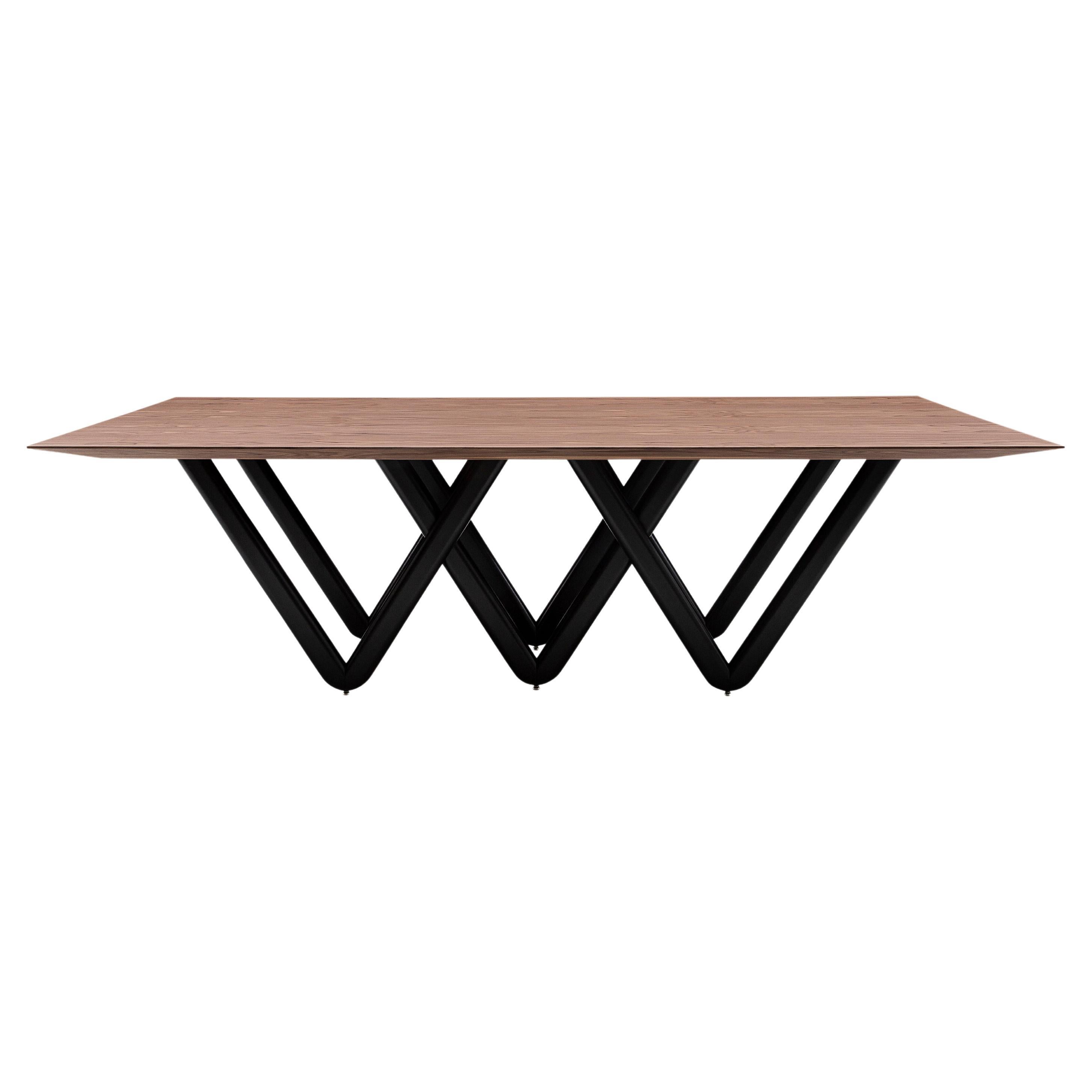 Dablio Dining Table with a Walnut Wood Veneered Table Top and Black Base 98'' For Sale