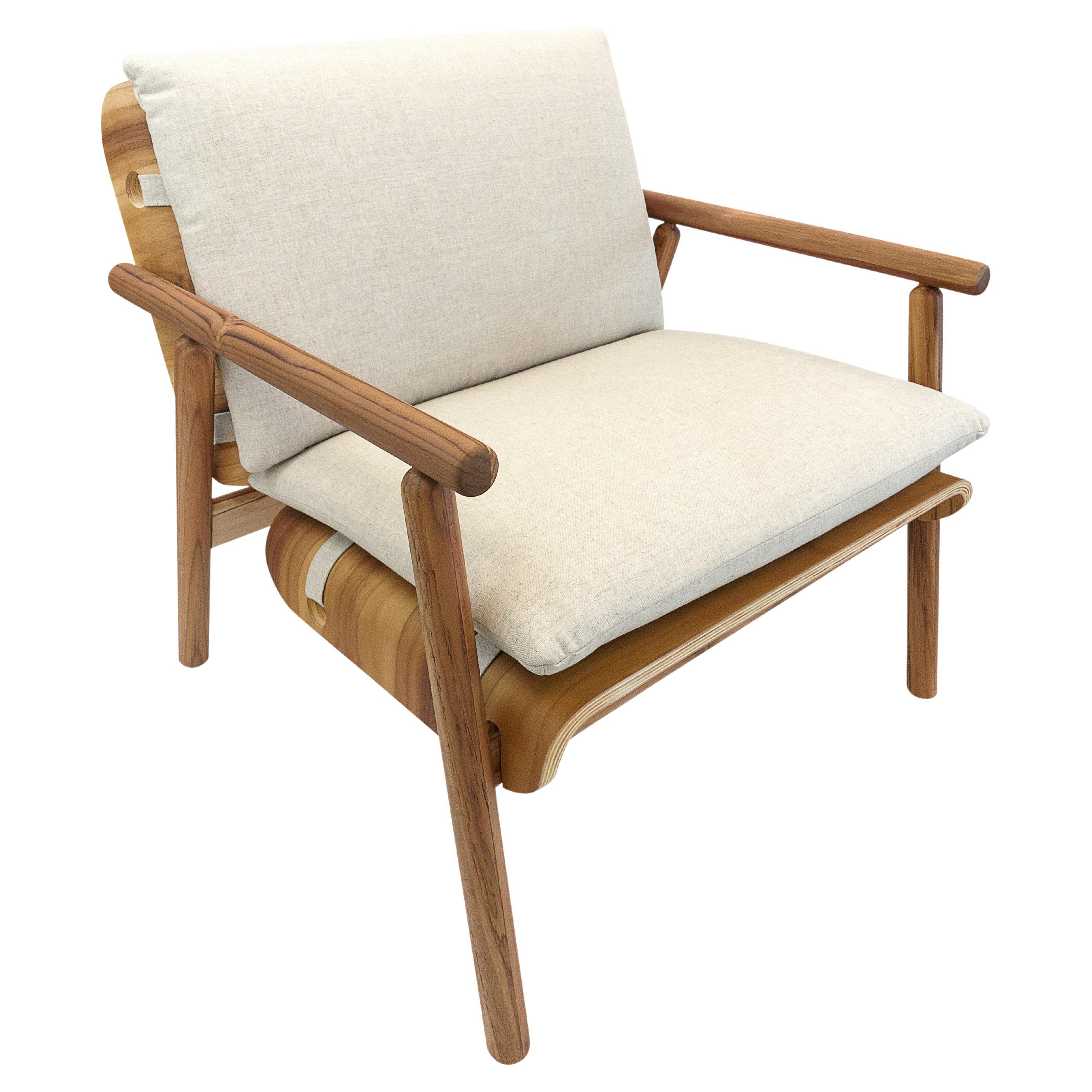 Tai Armchair in Teak Wood Finish with Light Beige Fabric Cushions For Sale