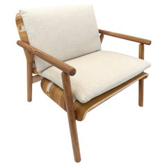 Tai Armchair in Teak Wood Finish with Light Beige Fabric Cushions