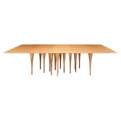 Customizable Teak Veneer 98-Inch Top Dining Table with 12-Leg Design, Pin Model