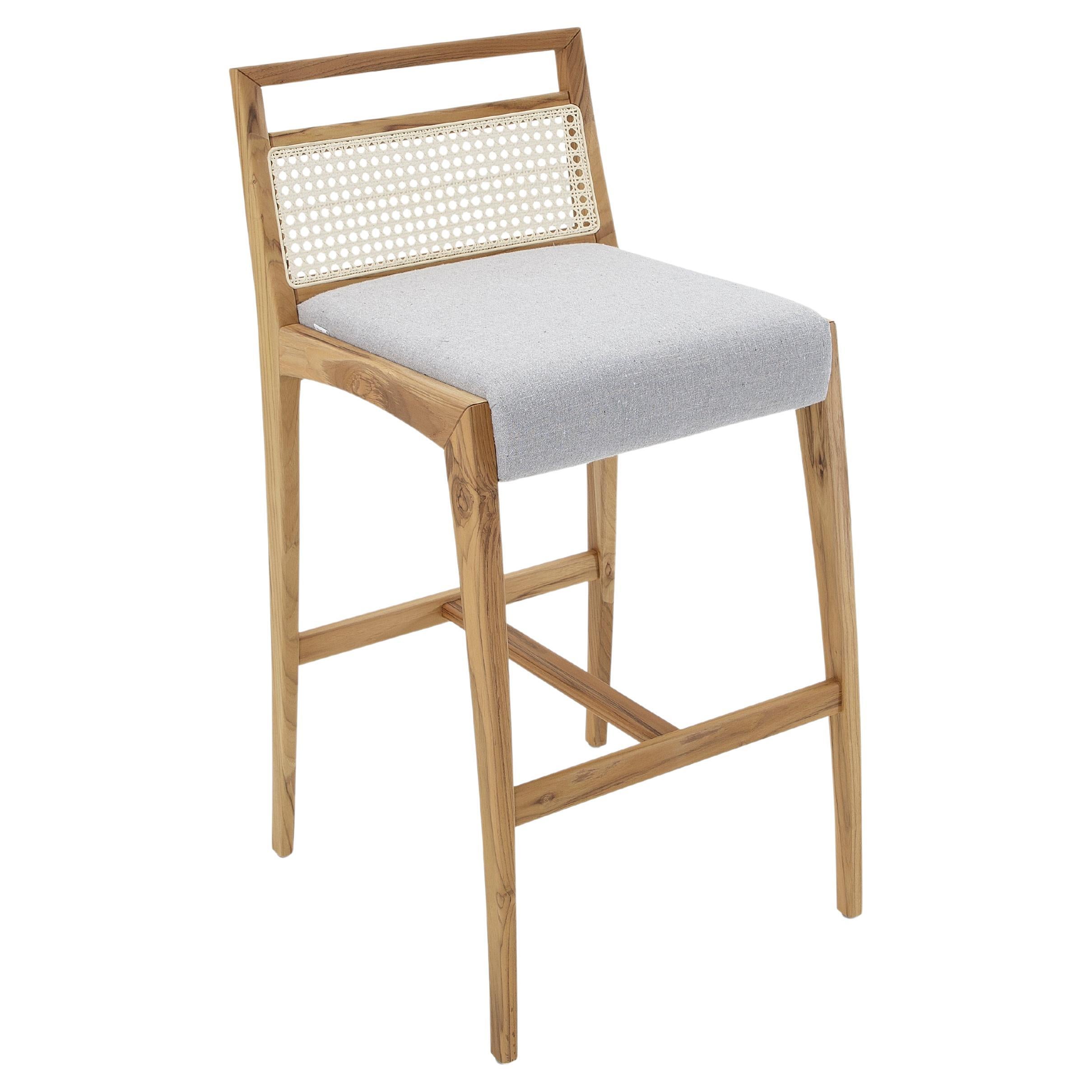 Sotto Bar Stool with Cane-Back, Gray Fabric and Teak Solid Wood For Sale