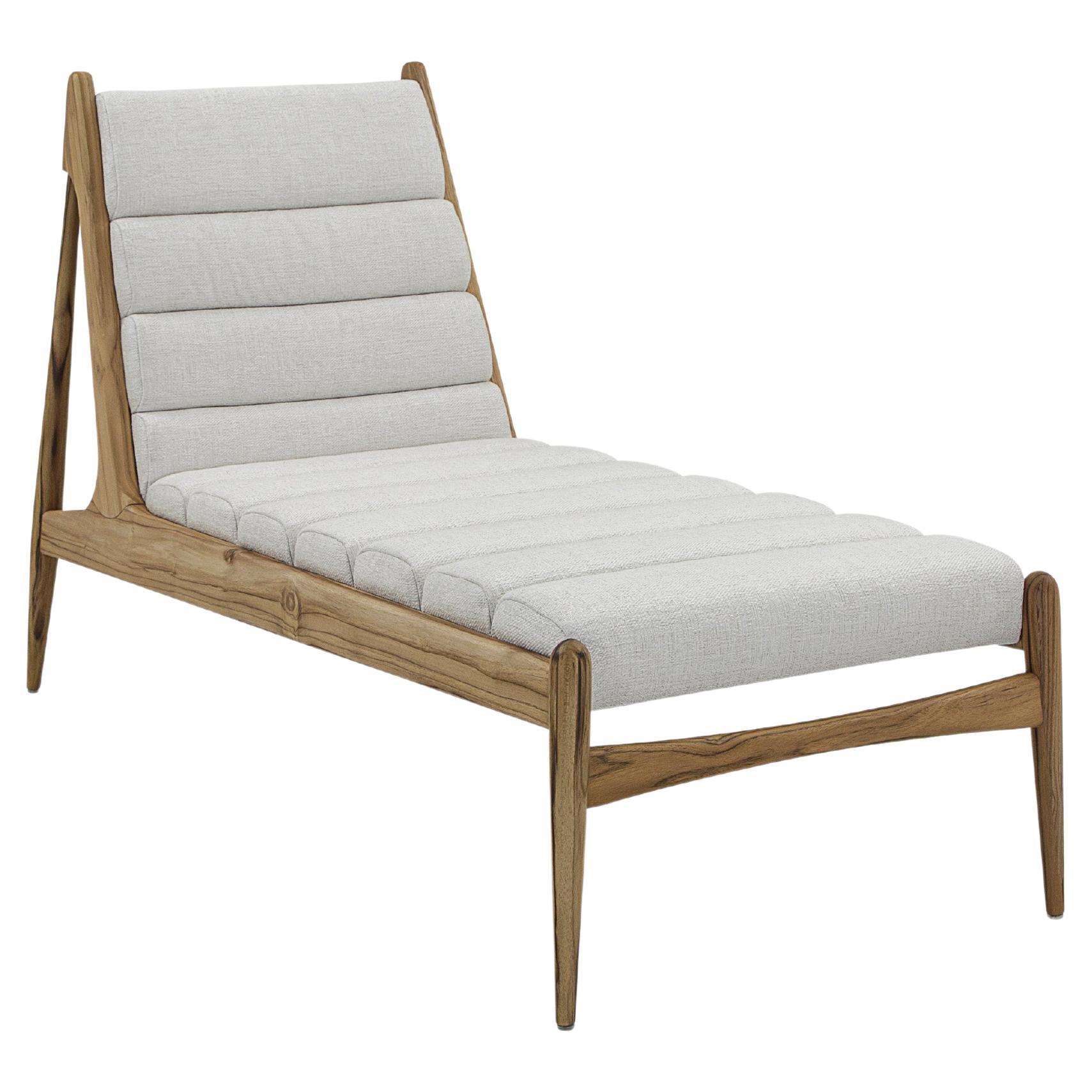 Wave Chaise in Teak Finish and Light Gray Fabric