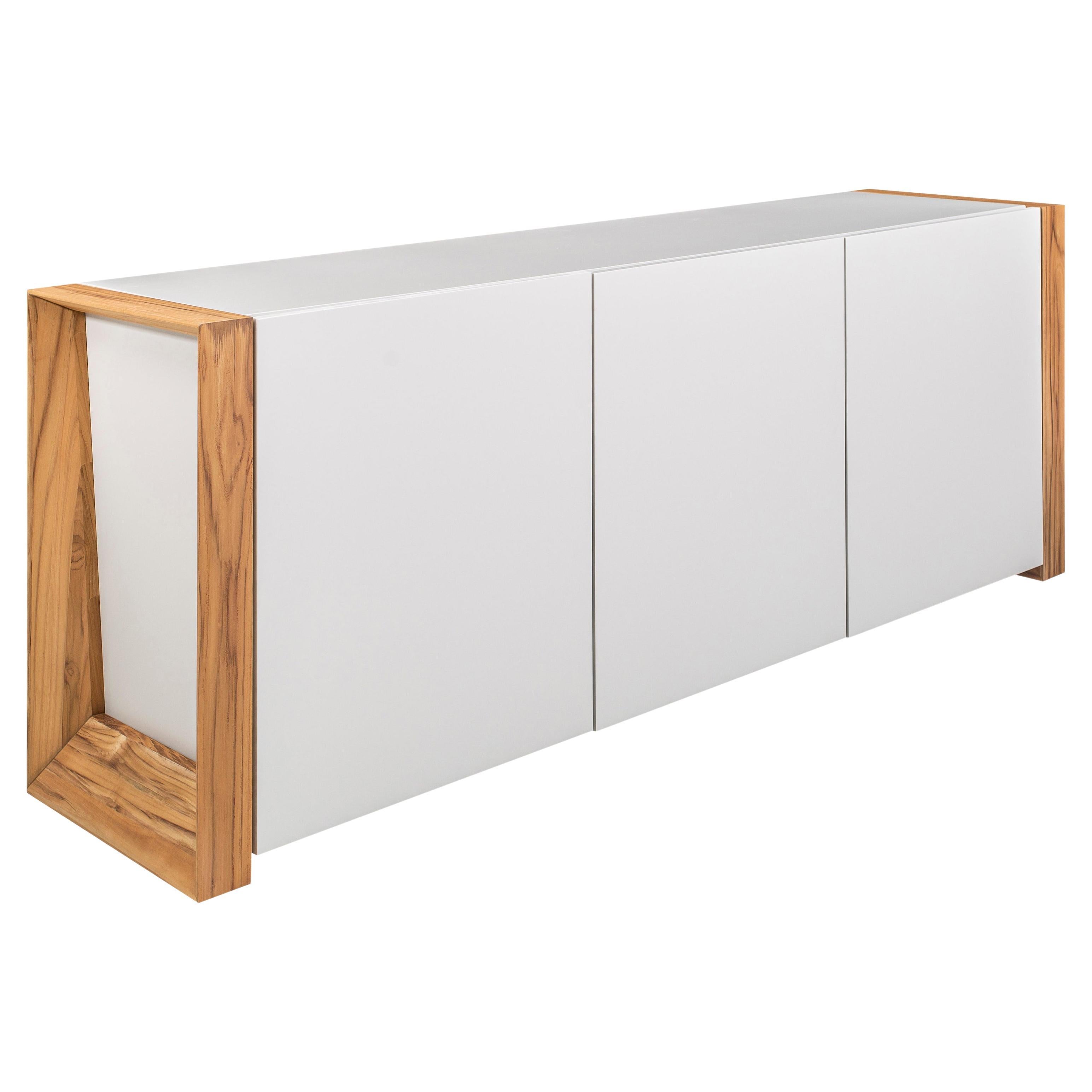 Masp Sideboard in White Finish and Teak Wood Finish End Frames For Sale