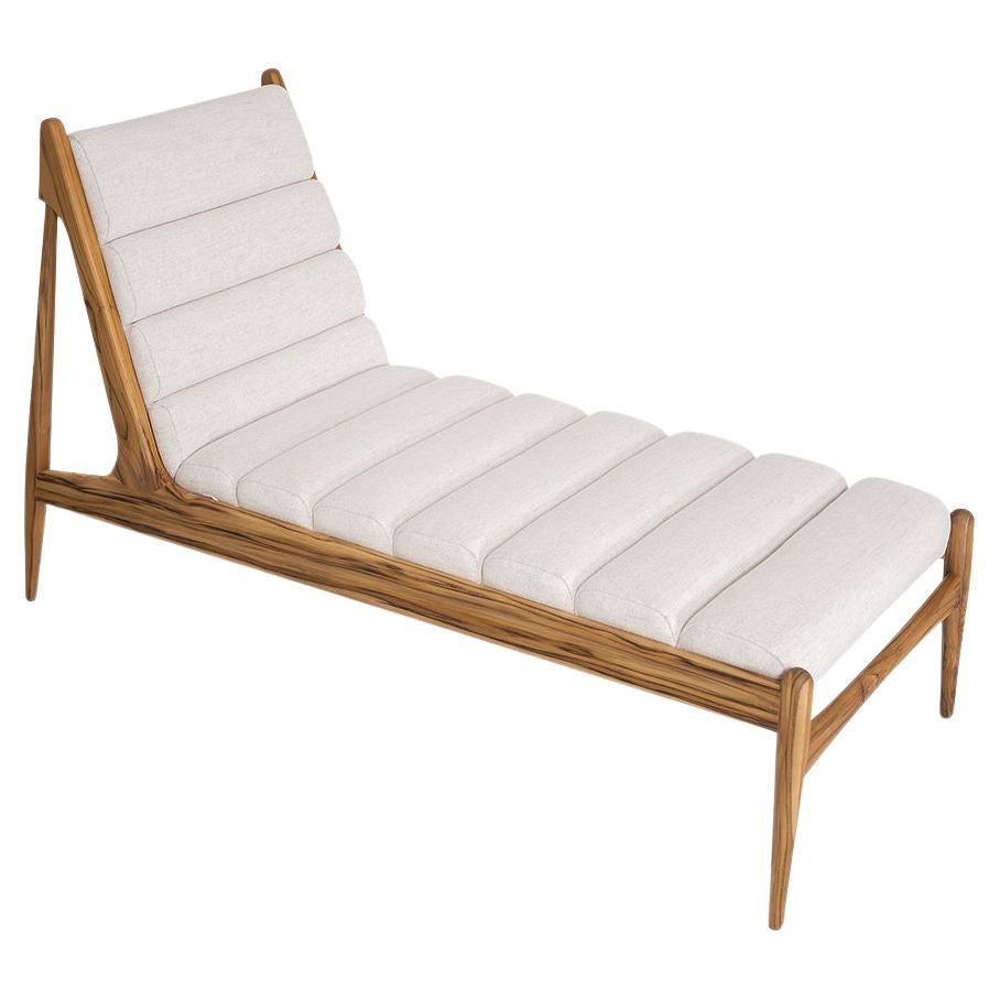 Wave Chaise in Teak Wood Finish and Off-White Fabric For Sale