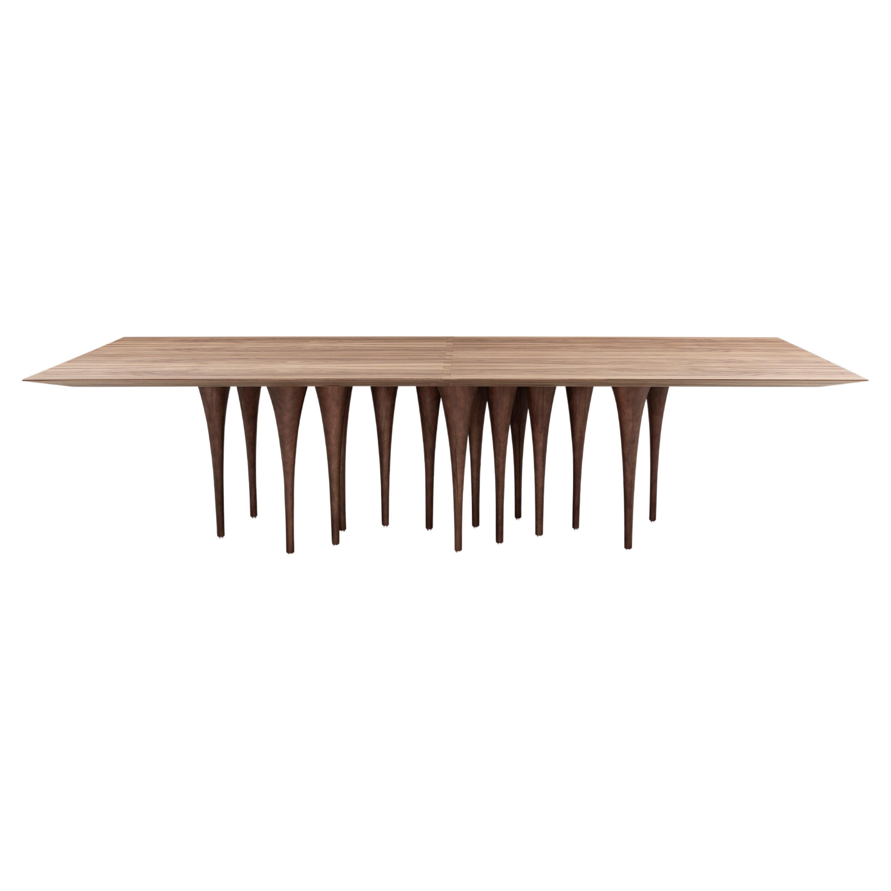 Pin Dining Table with a Walnut Wood Veneered Table Top and 16 Legs 118'' For Sale