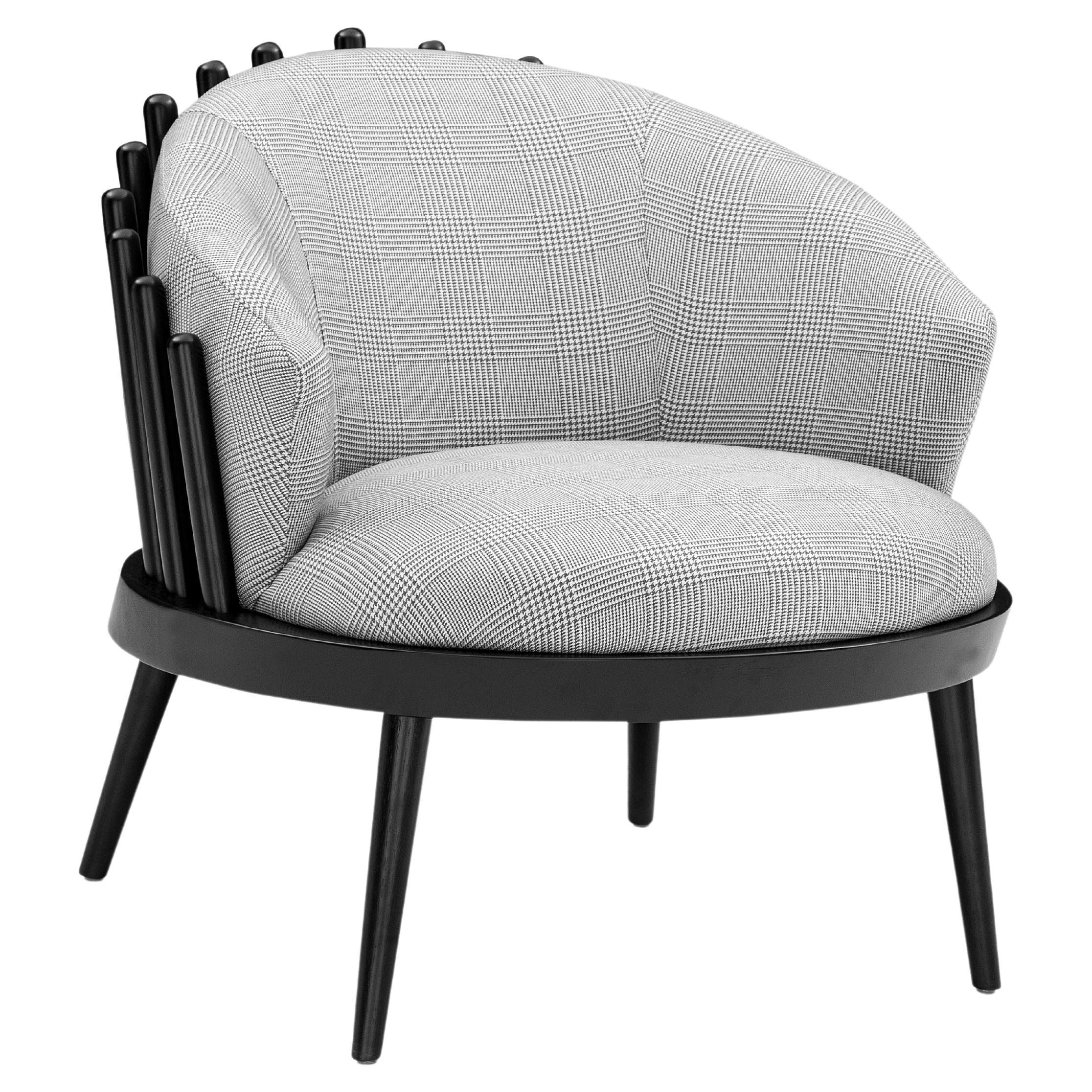 Fane Upholstered Armchair in Black Wood Finish and Plaid Fabric For Sale