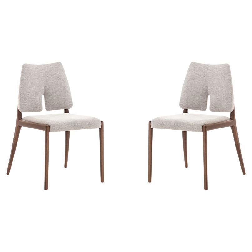 Slit Dining Chair in Walnut Wood Finish and Light Beige Cotton Fabric, Set of 2 For Sale