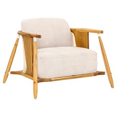 Teak Armchair with Cane Sides and Soft Beige Upholstery – Laguna Collection