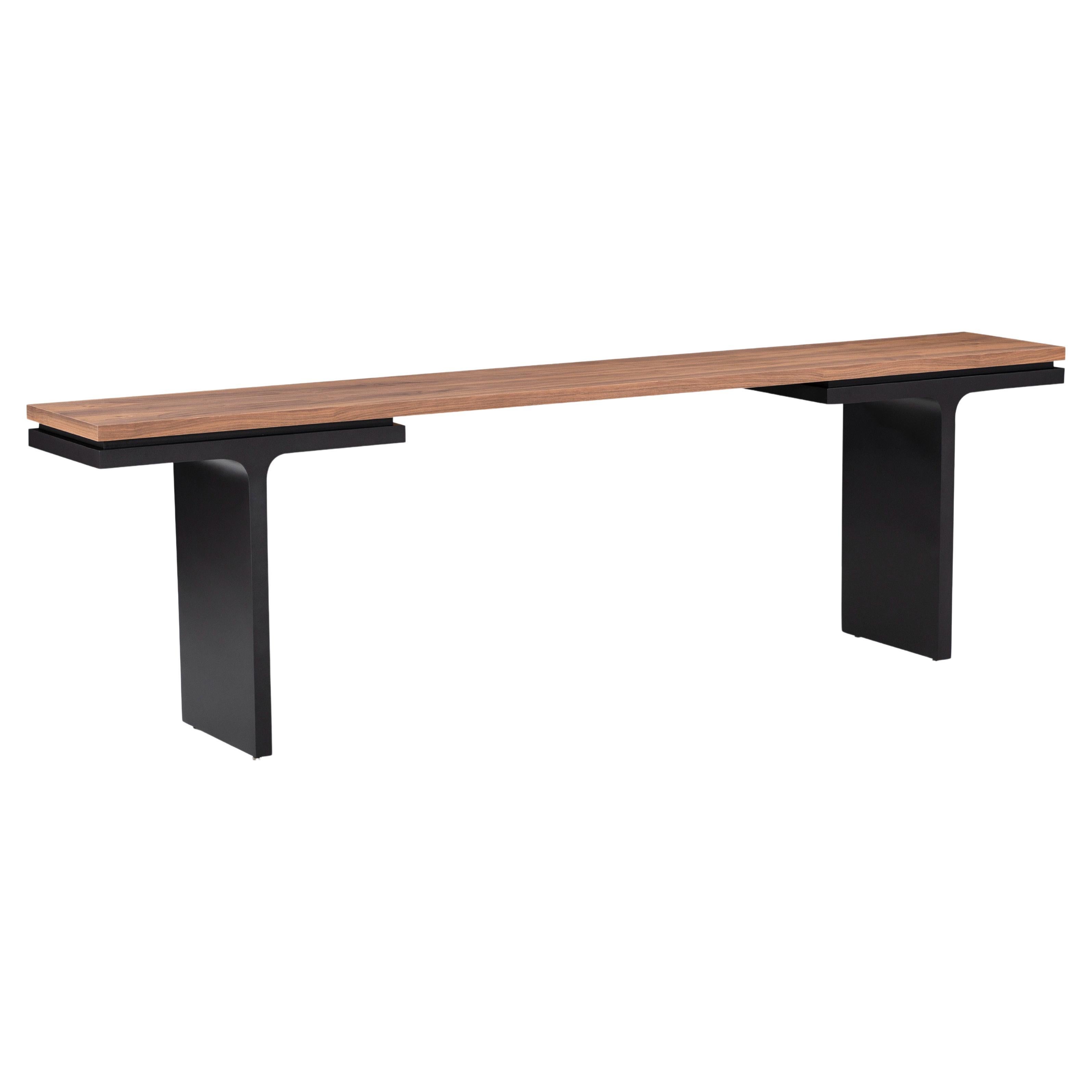 Modern Black Metallic Console Table with 98-Inch Walnut Veneer Top, Square Line