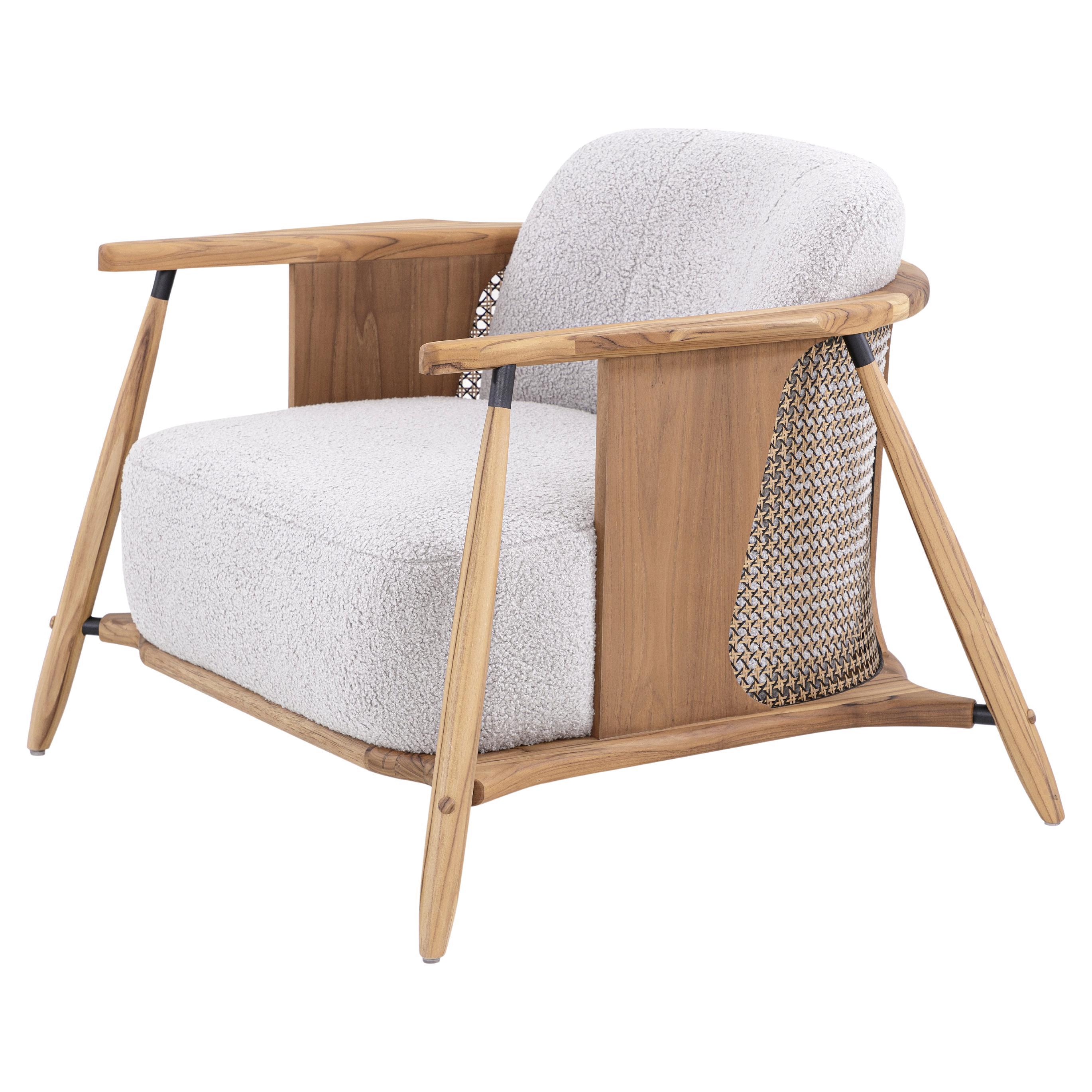 Customizable Teak Wood Accent Chair with Cane Back and Gray Upholstery, Laguna