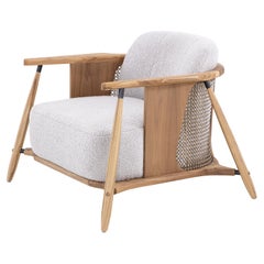 Customizable Teak Wood Accent Chair with Cane Back and Gray Upholstery, Laguna