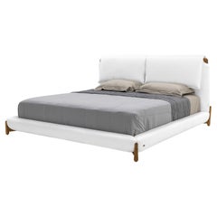 Customizable Queen Teak Bed with White Fabric Upholstery, Elbow Collection