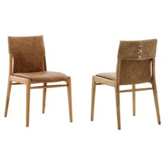 Pair of Teak Dining Chairs in Distressed Leather, Customizable Tress Line