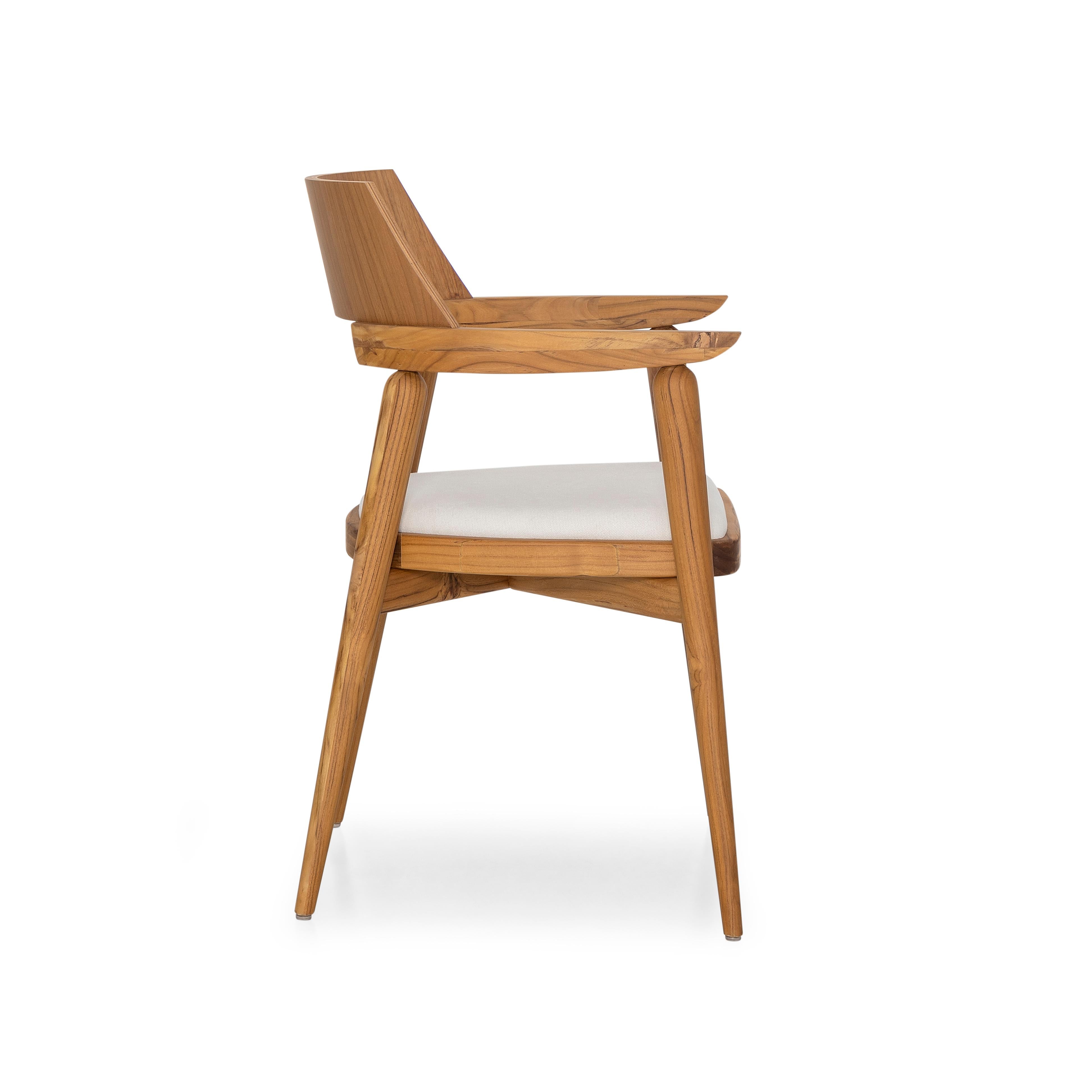 Modern Customizable Teak Wood Dining Chair with White Upholstery - Bone Collection For Sale