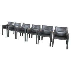 Set of 6 Mario Bellini Cab 413 Armchairs for Cassina in Gray Leather, 1977