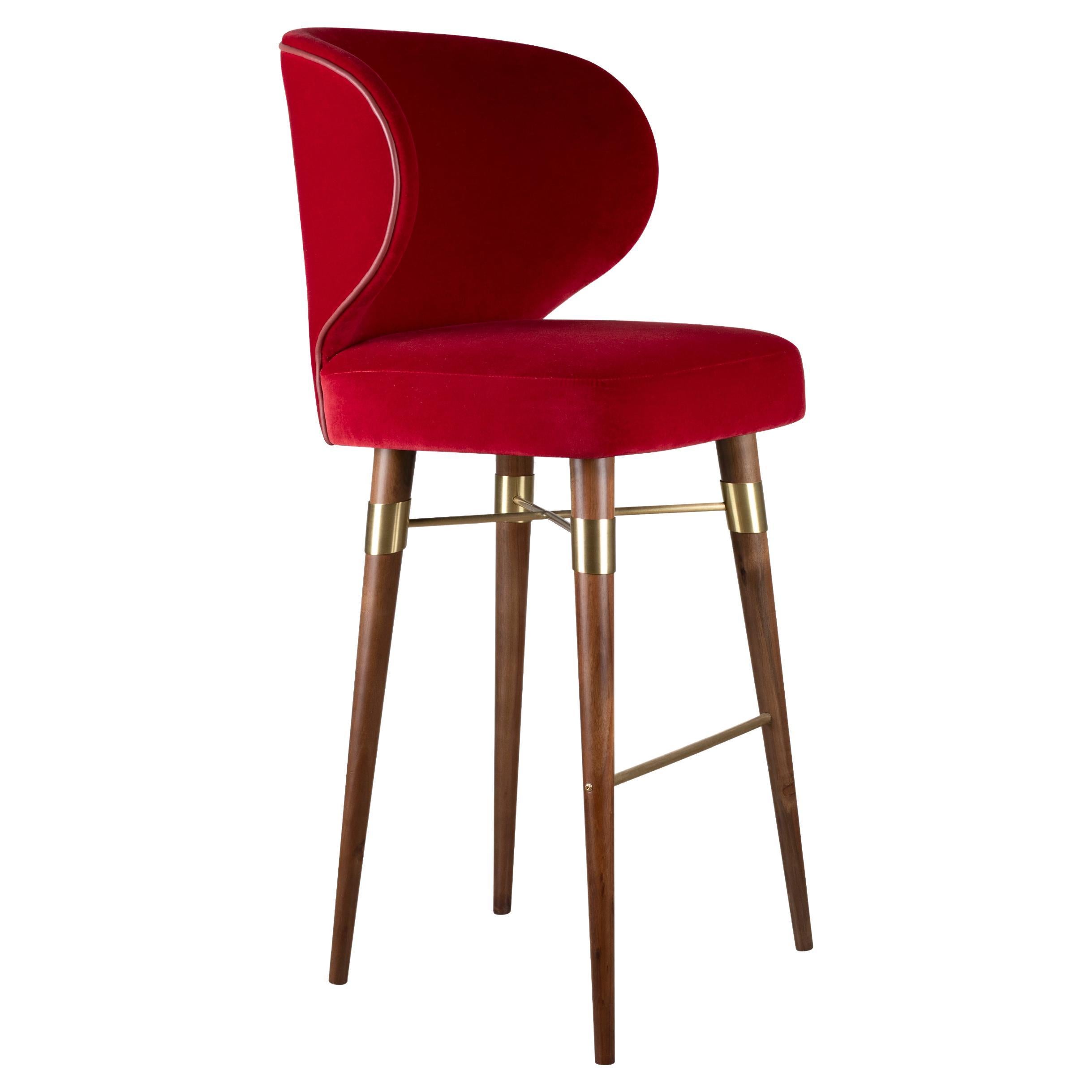 21st Century Velvet Louis Bar Chair Polished Brass Walnut For Sale