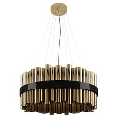 21st Century Granville Lampada a sospensione rotonda in ottone placcato oro e nichel