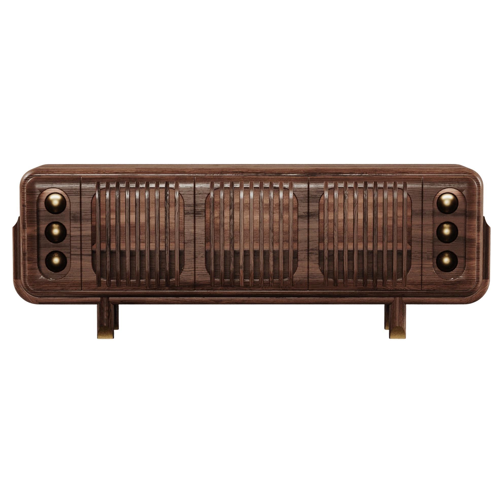 Credenza Kennedy del 21° secolo in legno di noce e pelle in ottone in vendita