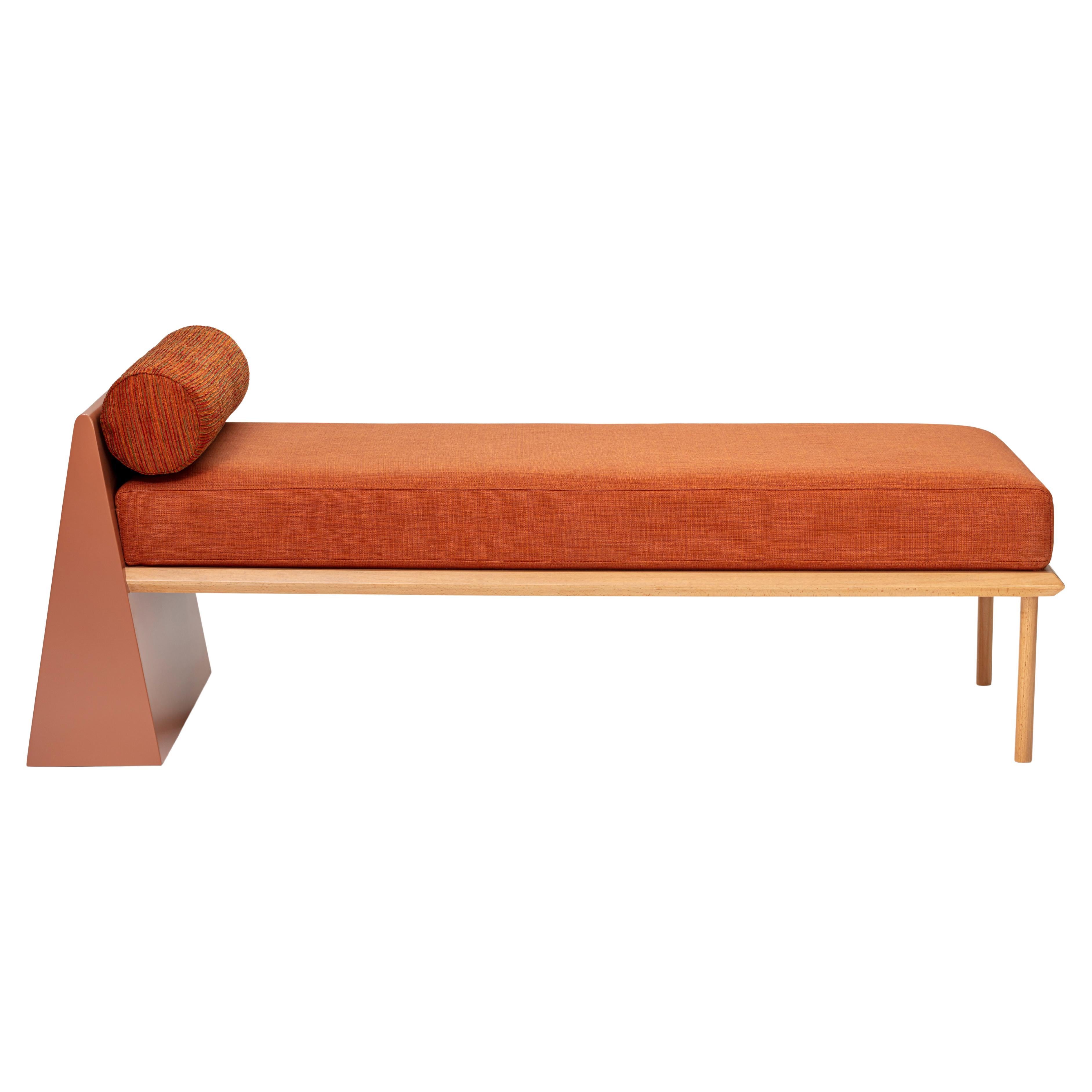 Minimalist Mid-Century Modern Style Solid Wood Bench Upholstered in Textile For Sale