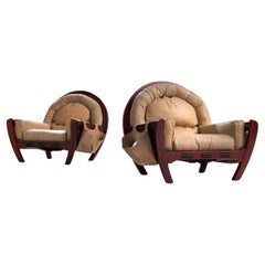 Luciano Frigerio Set of Two Rancero Armchairs in Wood and Leather, 1970
