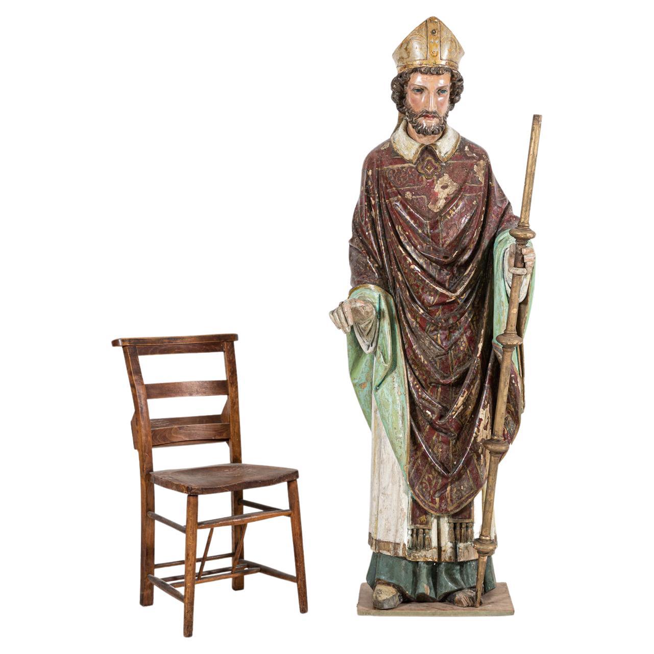 18thC Italian Oak & Polychrome Carved Bishop Statue