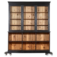 Antique Large 19thC English Ebonised Fruitwood & Pine Glazed Bookcase Dresser