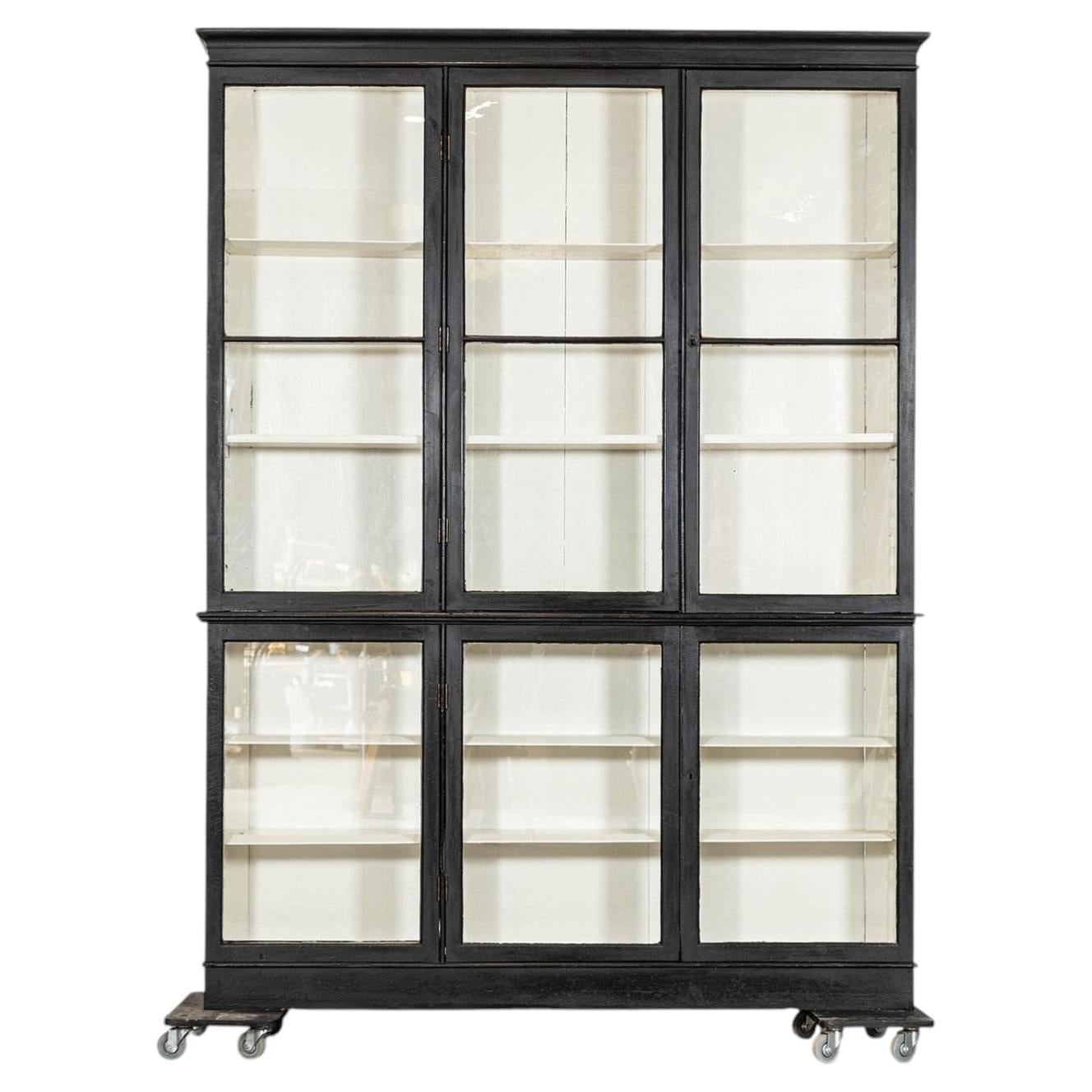 Large 19thC English Ebonised Pine Glazed Display Cabinet For Sale