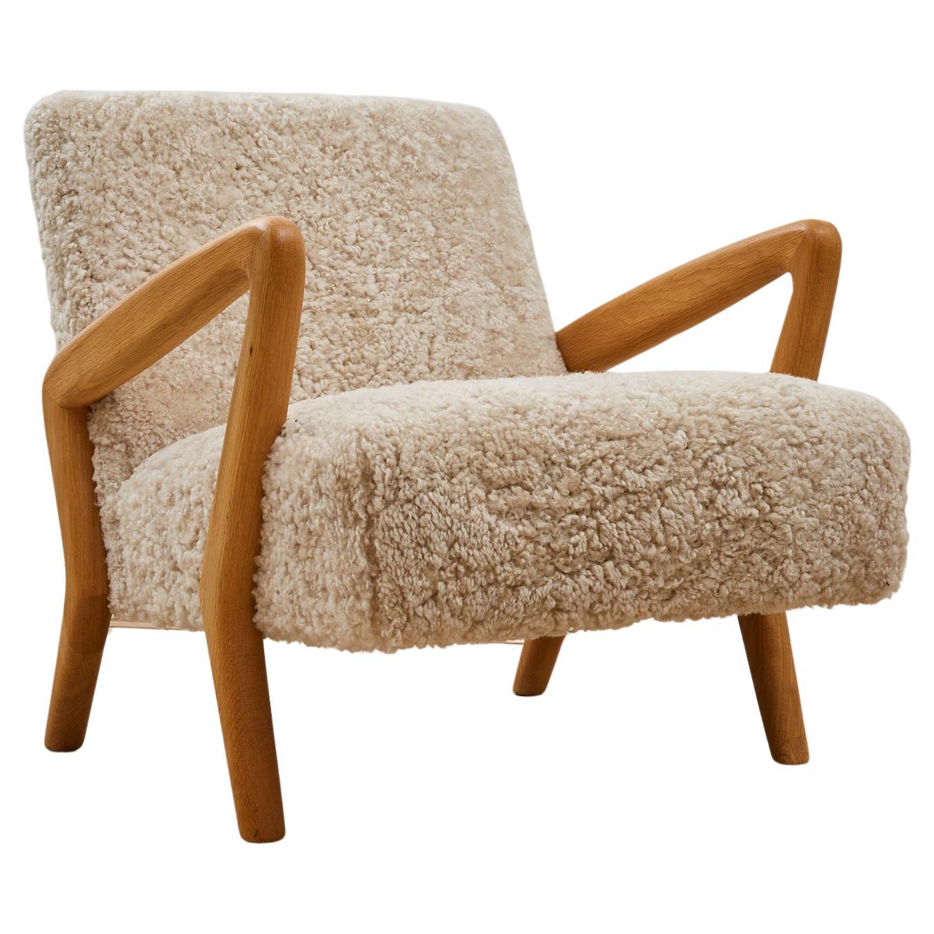 Scandi Sheepskin and Oak Lounge Chair For Sale