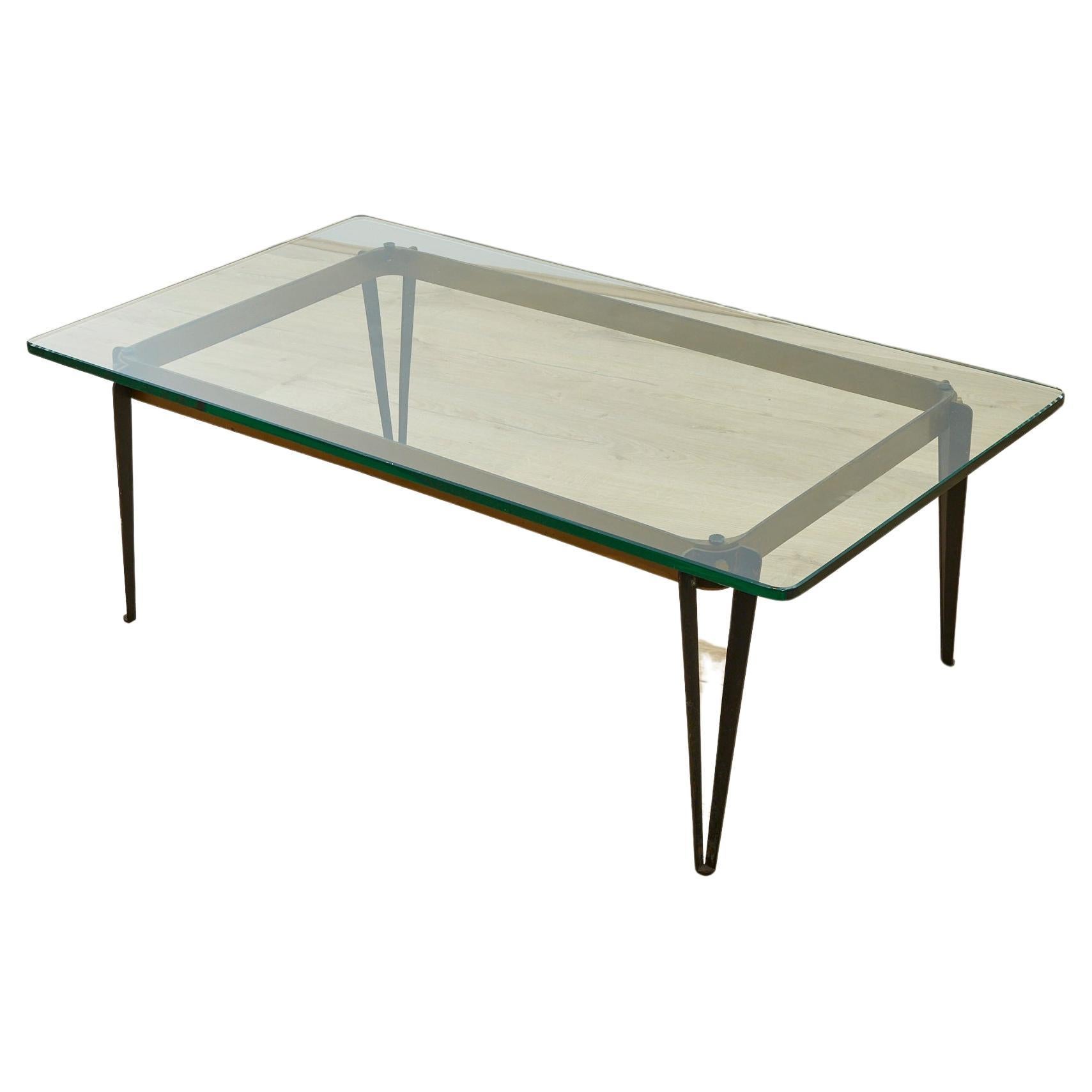 Glass and Brass Coffee Table, Original Glass by Fortana Arte, 1950s For Sale