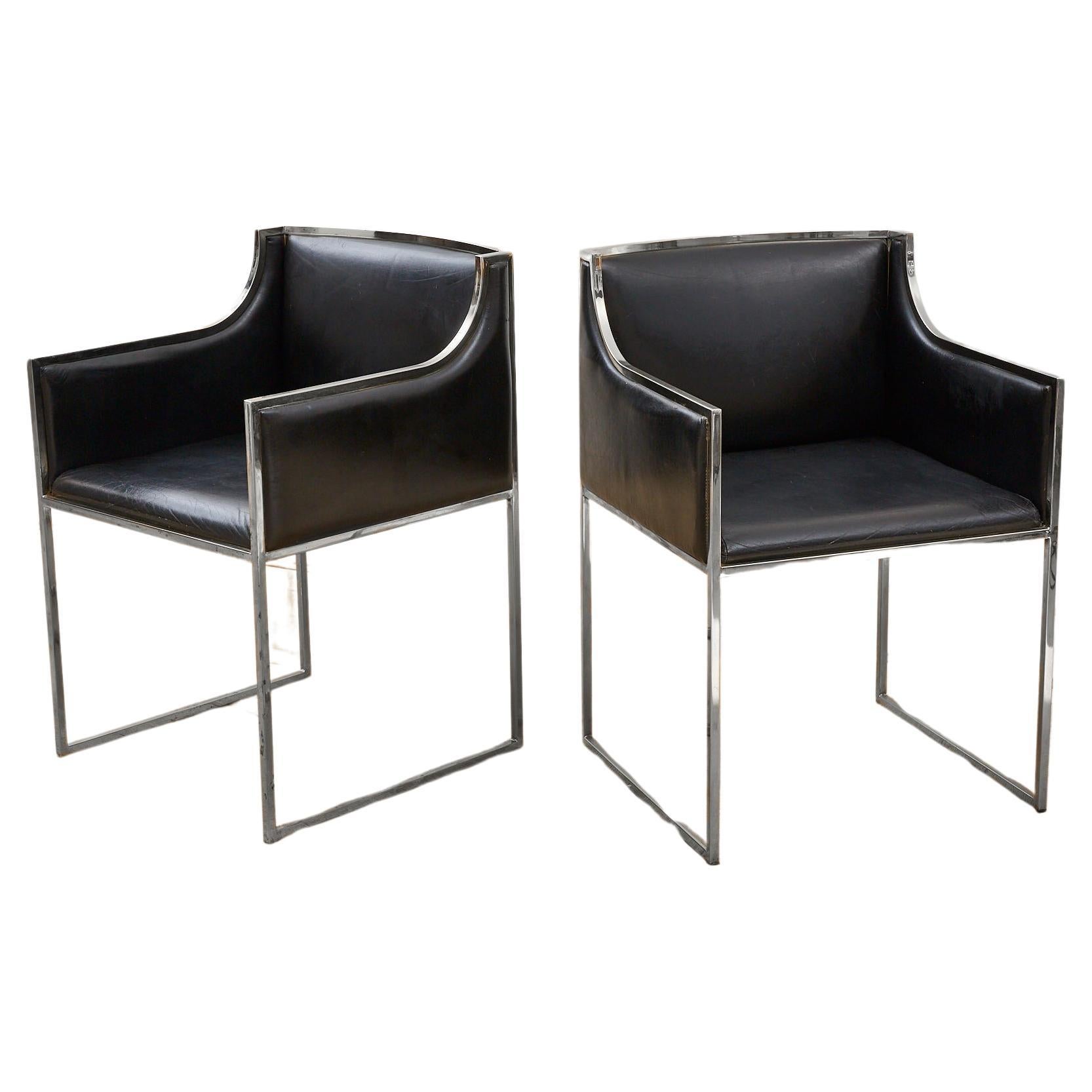 x2 Italian Vintage Chairs, Leather with Chrome, Attributed to Willy Rizzo, 1970s