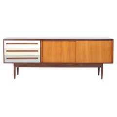 Mid Century Teak Sideboard Coloured Drawers by Maple & Co., England, Circa 1960s