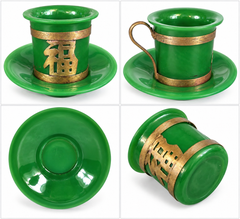Set of Four Chinese Green Peking Glass Tea Cups & Saucers with Metal Fu Mounts