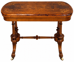 Victorian Burr Walnut Fold Over Card Table Brass Inlay C1870 Restored Antique