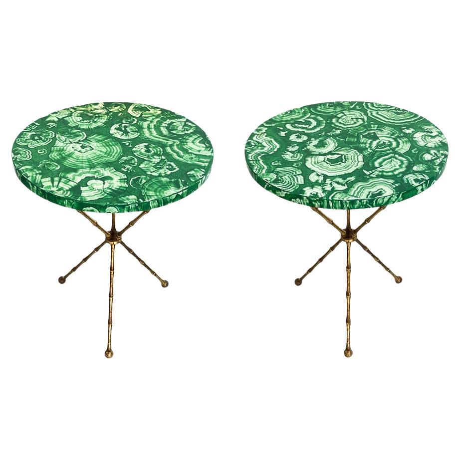 Mid-Century Faux Malachite Painted Brass Tripod Tables, a Pair For Sale