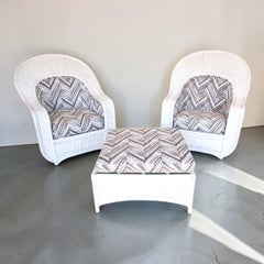 Ficks Reed Large Split Rattan Fan Back Club Chairs and Ottoman