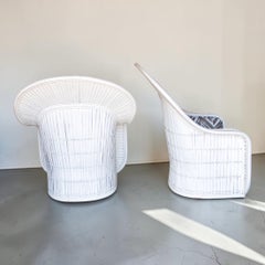 Ficks Reed Large Split Rattan Fan Back Club Chairs and Ottoman