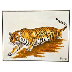 Large Signed Tiger Painting, Acrylic on Canvas, Mid-Century Modern