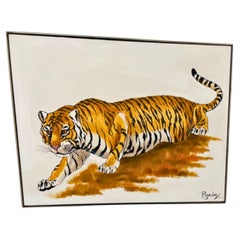 Large Signed Tiger Painting, Acrylic on Canvas, Mid-Century Modern