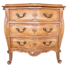 Rare 19th-Century French Provincial Carved Solid Pine 3-Drawer Bombé Commode