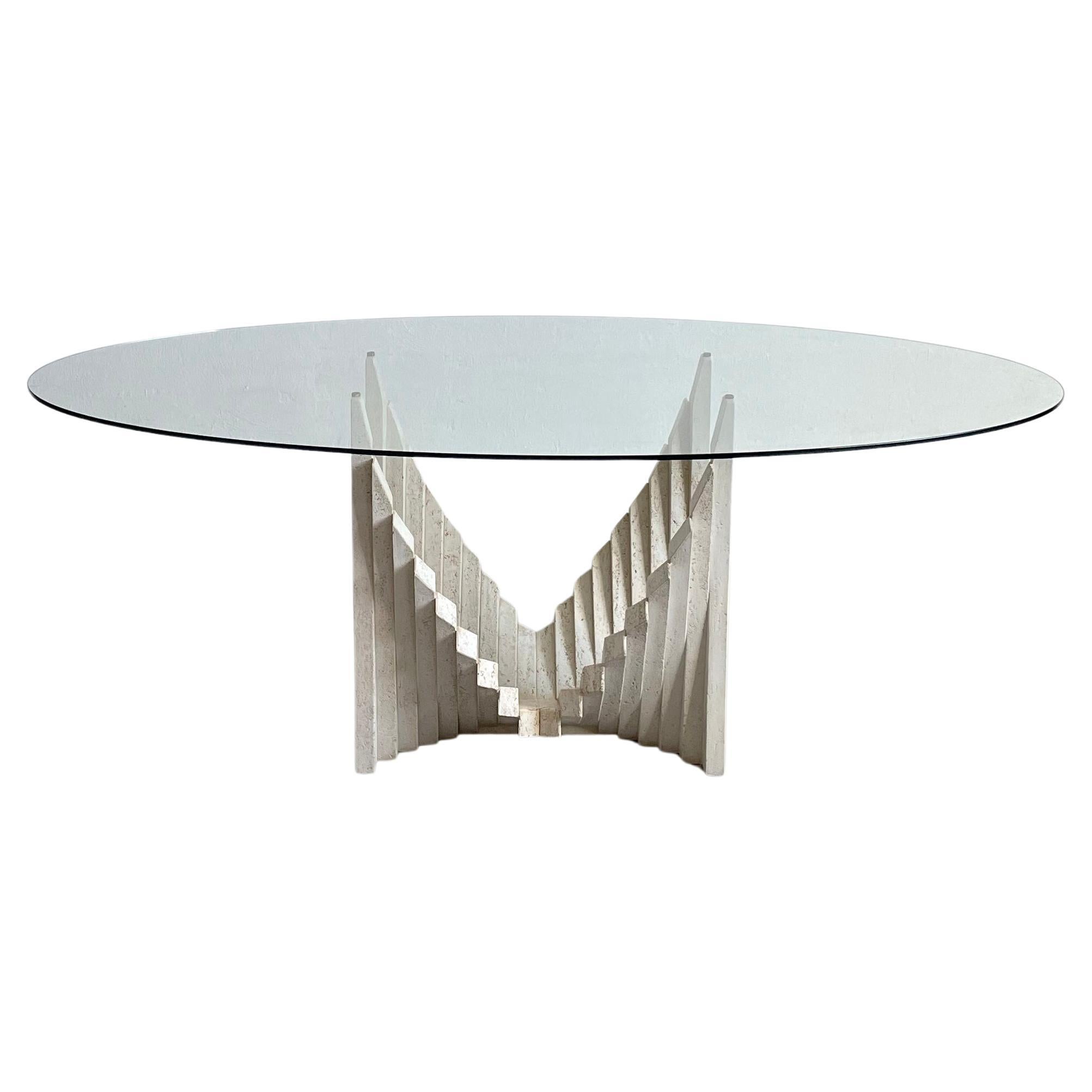 Sculptural Italian Brutalist Dining Table from the 1970s, Travertine and Glass