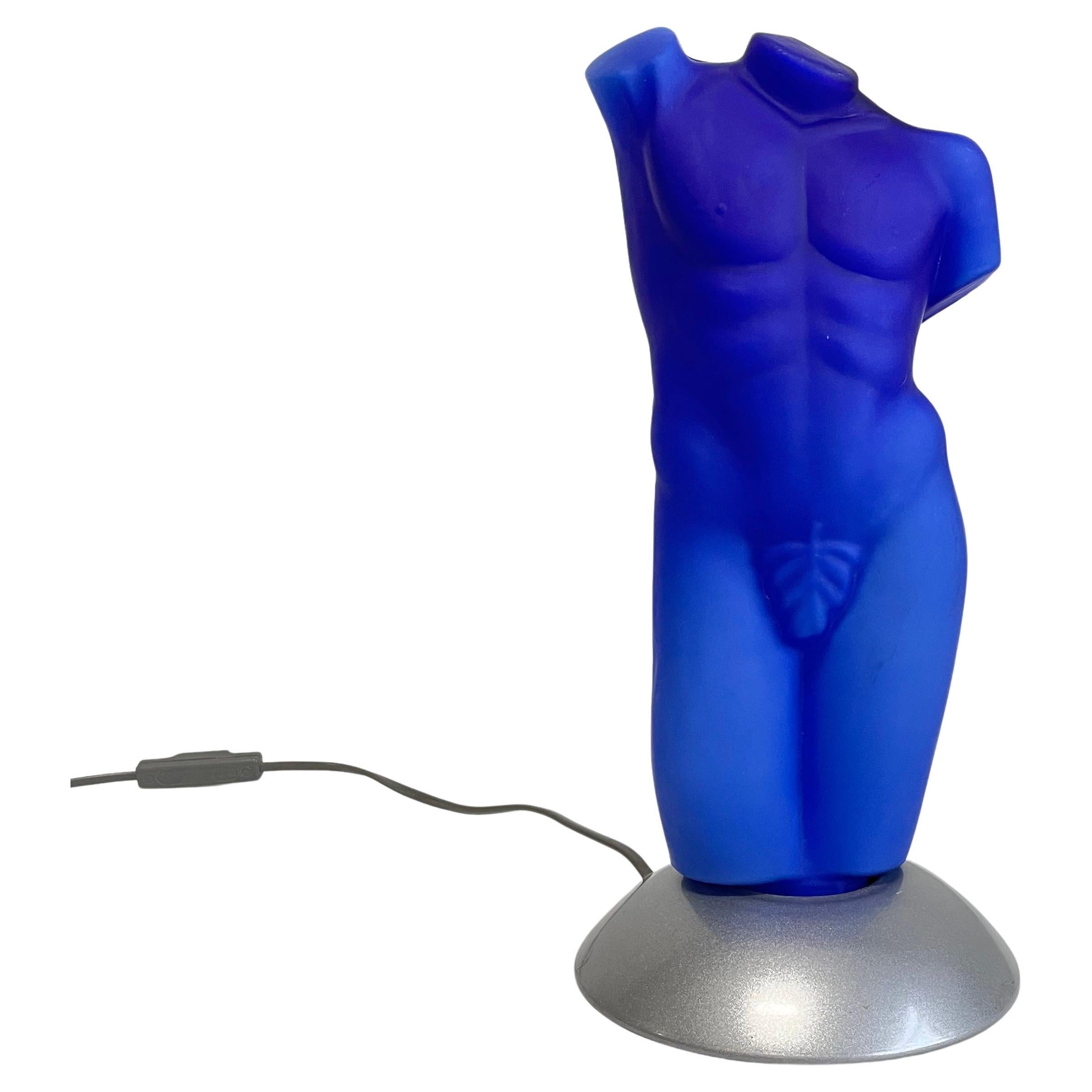 Post Modern Italian Male Torso Table Lamp in Frosted Blue Glass, Sculptural Lamp