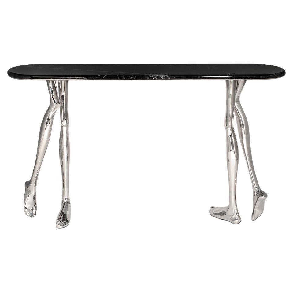 Modern Monroe Silver Art Console Table, Nickel Brass and Black Marble Top