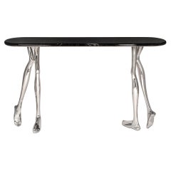 Modern Monroe Silver Art Console Table, Nickel Brass and Black Marble Top