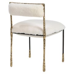 Vintage Modern Gold and Black Viking Dining Chair in Brass and Natural Fur Cushion