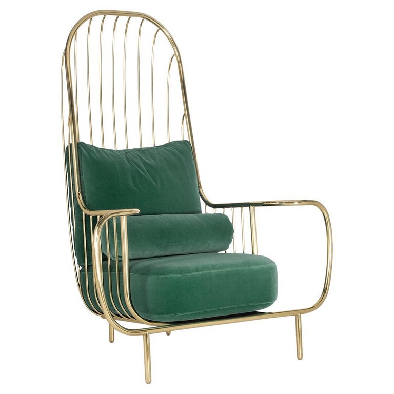Modern Liberty Armchair High Back in Polished Brass and Green Velvet Cushions For Sale
