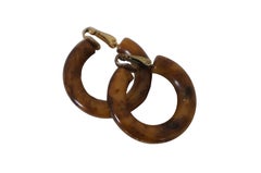 Vintage Marbled Amber Swirl Bakelite Clip On Hoop Earrings Faux Tortoise Shell