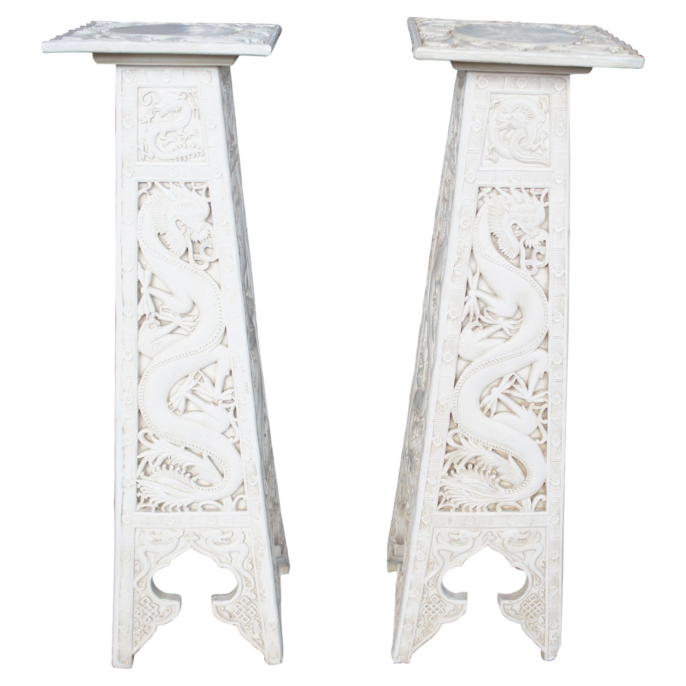 2 pedestales de escultura de dragón de los años 80 Anne Jo Chalkware Chinoiserie Plant Stands