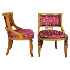 2 Vintage Egyptian Revival Olive Burlwood Red Silk Parlor Side Chairs