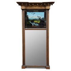 Antique Federal Giltwood Trumeau Pier Mirror Eglomise Reverse Painted Regency