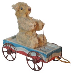 Antique Articulating Teddy Bear Driving Wagon Platform Pull Toy Americana